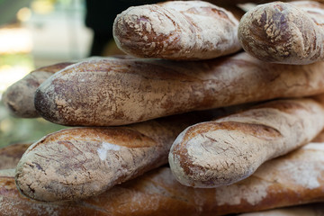 The closeup of french baguette. Selective focus.