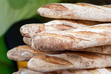The closeup of french baguette. Selective focus.