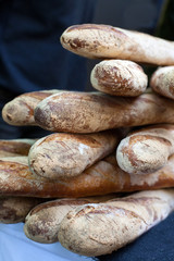 The closeup of french baguette. Selective focus.