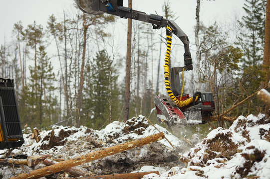 Industrial forest harvester working in the winter forest, claw manipulator closeup. Logging industry.