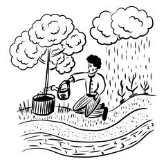 picture drawing, a man kneeling in a garden, watering a tree in a tub of watering can, during a rain, sketch, hand-drawn comic vector illustration