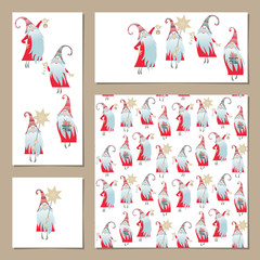 Scandinavian Christmas tradition. Set of 4 universal cards with gnomes with gifts, a candle, a bell and a Christmas star. Template. Vector illustration..