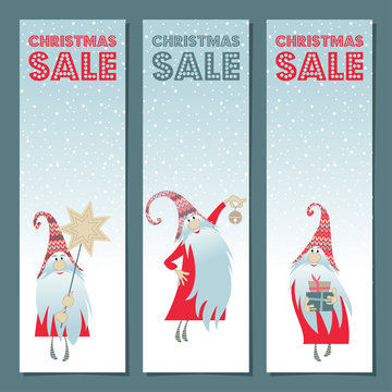 Scandinavian Christmas tradition. Set of 3 banners with gnomes and “Christmas Sale” title. Vector illustration
