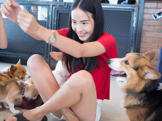 Portrait of Asian woman with dog.Gril playing with her dog in House.