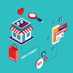 Obraz premium Flat 3d isometric design Mobile payment Online shopping e-commerce concept Vector illustration