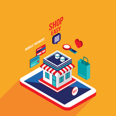 Flat 3d isometric design Mobile payment Online shopping e-commerce concept Vector illustration