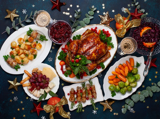 Fototapeta na wymiar Concept of Christmas or New Year dinner. Top view.