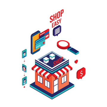 Flat 3d isometric design Mobile payment Online shopping e-commerce concept Vector illustration