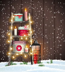 Ladder with Christmas candles and gift boxes