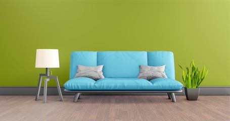 Green living room interior with blue leather sofa, lamp and plant on empty Green wall background - 3d rendering