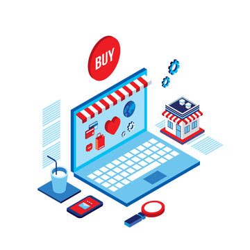 Flat 3d isometric modern design Shopping online Successful business e-commerce concept Vector illustration