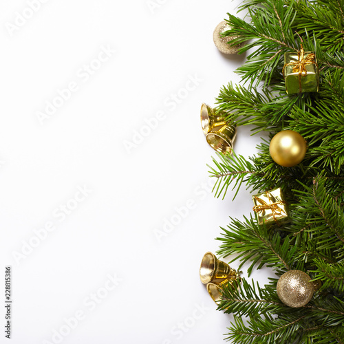 Fir Tree Branches And Christmas Decorations On White Background Fir Tree Branches And Christmas Decorations On White Background