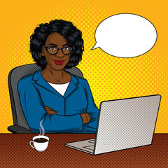 Vector color illustration of successful African American businessmen in office room. Happy beautiful lady with arms crossed sitting in a chair in front of a laptop. Lady boss is sitting at the desk