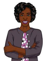Vector color illustration of successful African American businesswoman isolated from white background. Adult beautiful lady with arms crossed. Happy woman in an expensive clothes. Lady boss is smiling