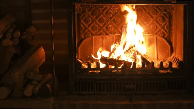 Burning fireplace. Background for the design of New Year's greetings. Christmas. 