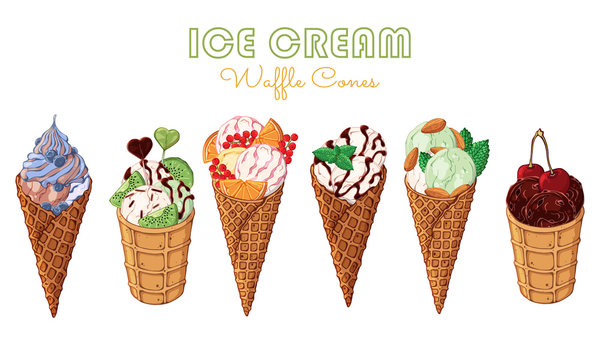 Group of vector colorful illustrations on the sweets theme; set of different kinds of ice cream in waffle cones decorated with berries, chocolate or nuts. Realistic isolated objects for your design.