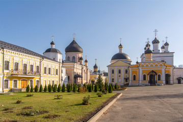 Several ancient churches with beautiful domes. Orthodox monastery of the ascension of David deserts. Russia.