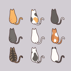 Cute cat sitting back view set