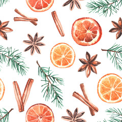 Seamless pattern made of elements for mulled wine, in watercolor style.