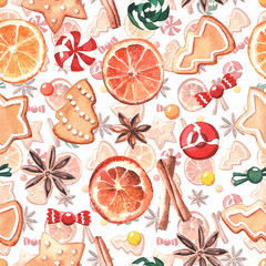 Seamless pattern made of elements for mulled wine, in watercolor style.