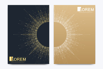 Modern vector template for brochure, leaflet, flyer, cover, banner, catalog, magazine, or annual report in A4 size. Futuristic science and technology design. Golden presentation with mandala