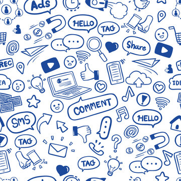 Social media in hand drawn doodles seamless pattern background