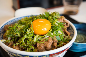 Gyudon or strip beefs with a lots of onion leeks and toppes with fresh egg yolk