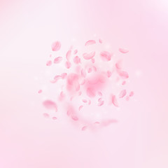 Sakura petals falling down. Romantic pink flowers explosion. Flying petals on pink square background