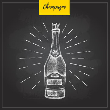 Vector illustration of hand drawing champagne bottle on chalkboard background