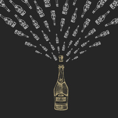 Vector illustration of hand drawing champagne bottle with splash