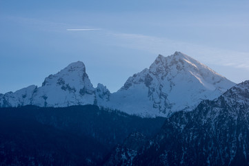 Fototapeta na wymiar Snowy Watzmann at evening in Berchtesgaden, Bavaria, Germany