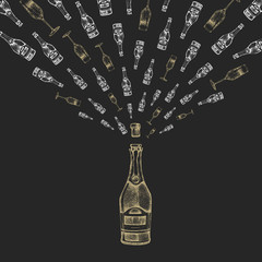 Vector illustration of hand drawing champagne bottle with splash