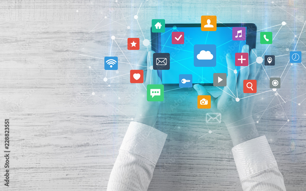 Poster hand touching multitask tablet with cloud wifi message social media call icons and symbols concept