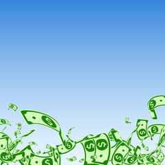 American dollar notes falling. Messy USD bills on blue sky background. USA money. Classy vector illu