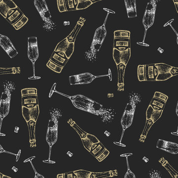 Seamless pattern with hand drawing champagne bottle, champagne glass and cork