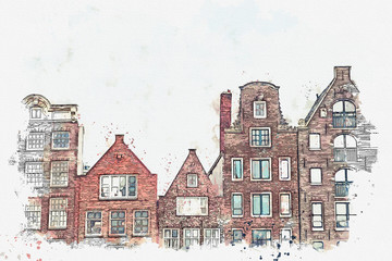 illustration or watercolor sketch. Traditional old architecture in Amsterdam. European architecture