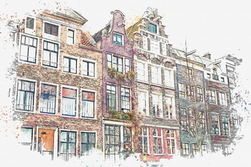Obraz premium illustration or watercolor sketch. Traditional old architecture in Amsterdam. European architecture