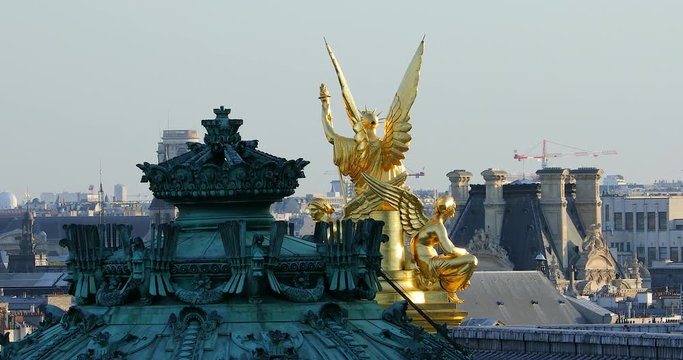 Time Lapse Of Golden Statue On The Roof Of The Opera Garnier In Paris, France, Europe - DCi 4K Resolution

