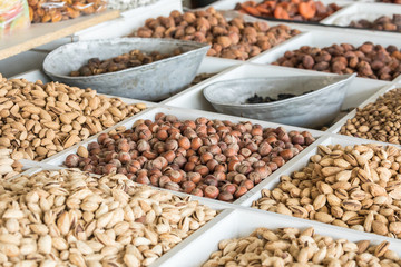 Dried fruits and nuts on local food market in Tashkent, Uzbekistan