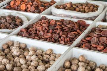 Dried fruits and nuts on local food market in Tashkent, Uzbekistan
