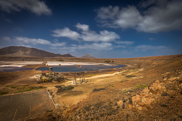 Scenic view on salt mines in crater of african island of Sal, near Pedra de Lume, Cabo Verde
