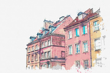 Fototapeta premium A watercolor sketch or illustration of a traditional street with apartment buildings in Warsaw, Poland.