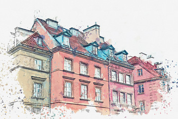 Fototapeta premium A watercolor sketch or illustration of a traditional street with apartment buildings in Warsaw, Poland.