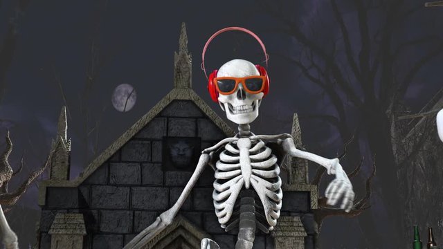 Seamless animation of a DJ skeleton and skeletons dancers in a cemetery at night. Funny halloween background.