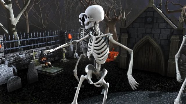 Seamless animation of skeletons dancing samba in a cemetery at night. Funny halloween background.