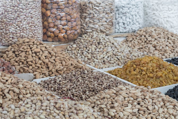 Dried fruits and nuts on local food market in Tashkent, Uzbekistan