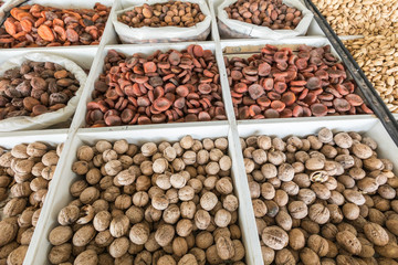 Dried fruits and nuts on local food market in Tashkent, Uzbekistan