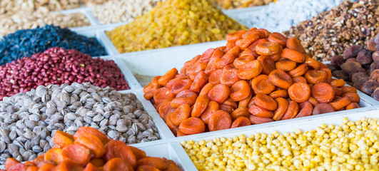 Dried fruits and nuts on local food market in Tashkent, Uzbekistan