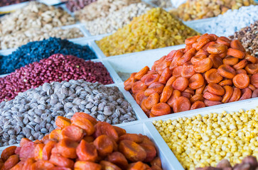 Dried fruits and nuts on local food market in Tashkent, Uzbekistan