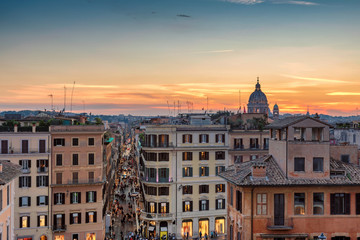 Sunset view across Rome from the top of the Spanish Steps, Rome, Italy.